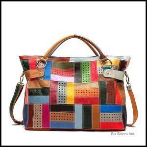 Genuine Leather Tote Shoulder Bag with Hollow Patchwork Design